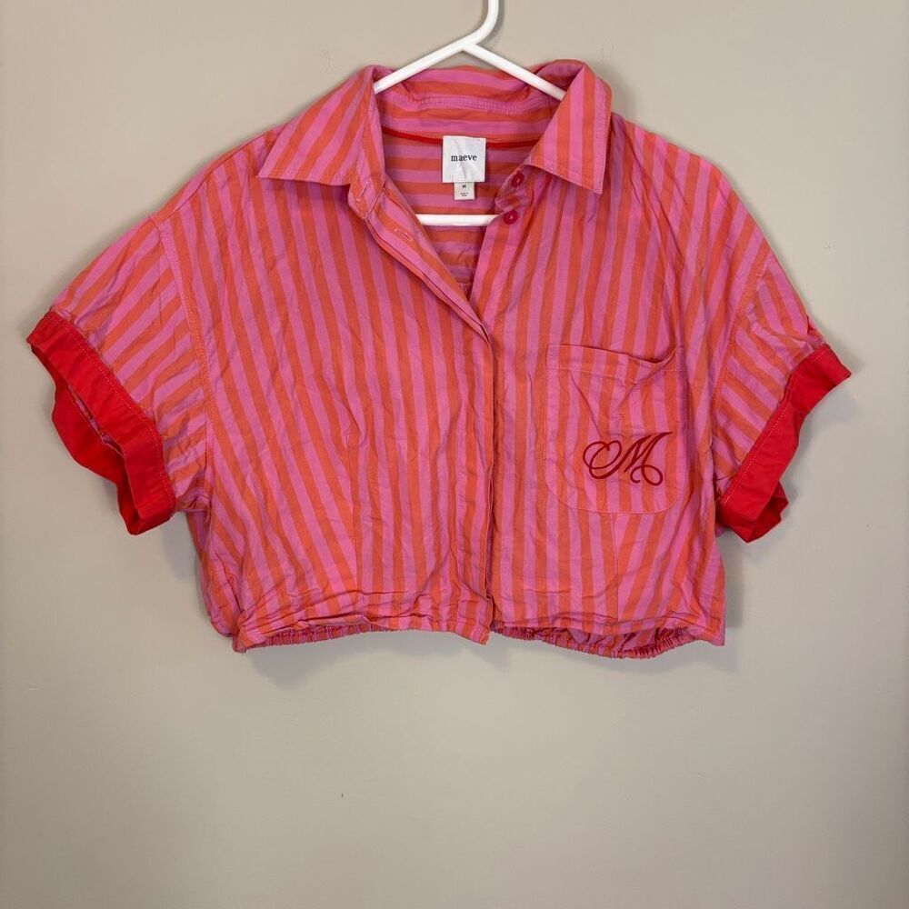Maeve Anthropologie Pink & Orange Striped Collared Cropped Short Sleeve Top Medi